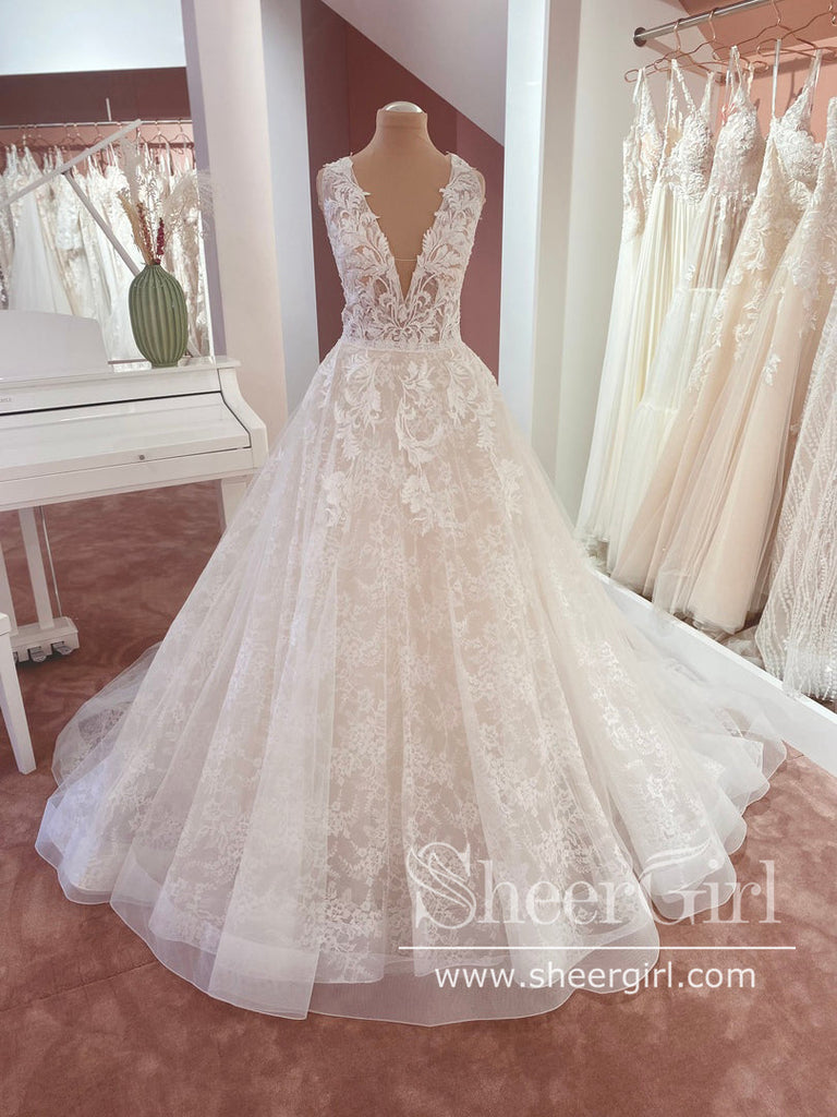Ball Gown V Neck Vintage Floral Lace Wedding Dress AWD1870-SheerGirl