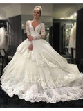 Ball Gown V-neck Long Sleeves Cathedral Train Royal Wedding Dresses SWD0021-SheerGirl