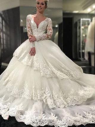 Ball Gown V-neck Long Sleeves Cathedral Train Royal Wedding Dresses SWD0021 Ball Gown V-neck Long Sleeves Cathedral Train Royal Wedding Dresses SWD0021