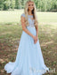 Bateau Neckline Scoop Sleeves Formal Dress Illusion Lace Bodice Sky Blue  Floor Length Prom Dress ARD2524