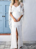 Batwing Sleeve Lace Rustic Wedding Dresses Ivory Sheath Boho Wedding Dresses AWD1163-SheerGirl