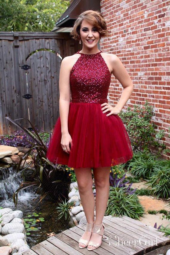 HOT Burgundy Dress Halter Neck Short Prom Dress Short Prom