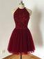 Beaded Bodice Halter Burgundy Tulle Homecoming Dresses,Open Back Short Formal Dresses,apd2541