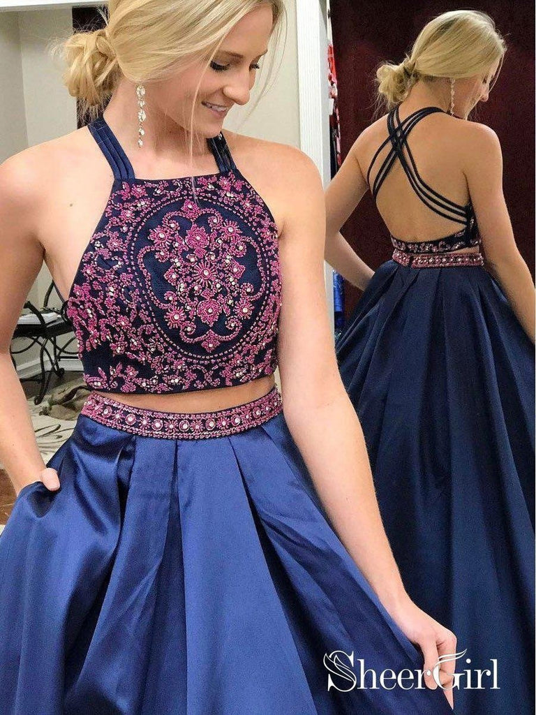 Beaded & Embroidered Navy Blue Prom Dresses with Pockets APD3129-SheerGirl
