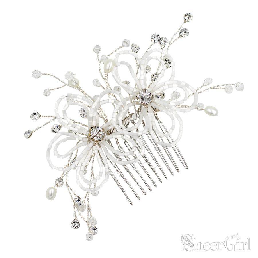 Beaded Floral Bridal Comb Silver Crystal Hairpin ACC1131-SheerGirl