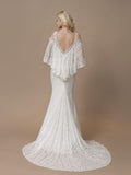 Beaded Ivory Modest Lace Mermaid Wedding Dresses with Batwing Sleeves AWD1005-SheerGirl