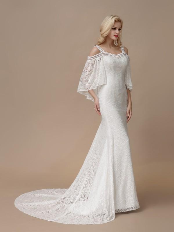 Beaded Ivory Modest Lace Mermaid Wedding Dresses with Batwing Sleeves AWD1005-SheerGirl