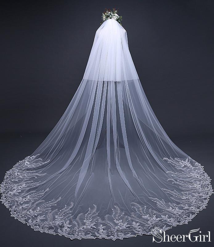 Beaded Lace Cathedral Wedding Veils with Blusher ACC1078-SheerGirl