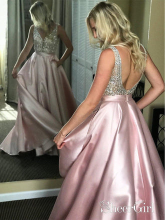 Beaded Satin Ball Gown Prom Dresses Backless Sparkly Prom Dress with Pocket ARD1787-SheerGirl
