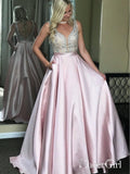 Beaded Satin Ball Gown Prom Dresses Backless Sparkly Prom Dress with Pocket ARD1787-SheerGirl