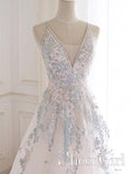 Beaded Spaghetti Strap Illusion V Neckline Wedding Dress with Colorful Lace Appliques AWD1706-SheerGirl