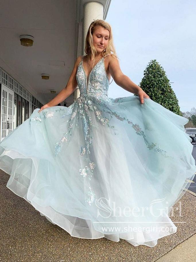 Beaded Spaghetti Strap Illusion V Neckline Wedding Dress with Colorful Lace Appliques AWD1706-SheerGirl