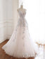 Svatební šaty s korálkovým špagetovým ramínkem Illusion s výstřihem do V s barevnými krajkovými nášivkami AWD1706 