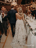 Beaded Spaghetti Strap Lace Boho Wedding Dresses Vintage Rustic Bridal Dress AWD1365-SheerGirl