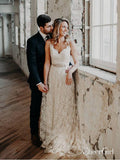 Beaded Spaghetti Strap Lace Boho Wedding Dresses Vintage Rustic Bridal Dress AWD1365-SheerGirl