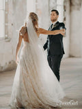 Beaded Spaghetti Strap Lace Boho Wedding Dresses Vintage Rustic Bridal Dress AWD1365-SheerGirl
