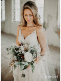 Beaded Spaghetti Strap Lace Boho Wedding Dresses Vintage Rustic Bridal Dress AWD1365-SheerGirl