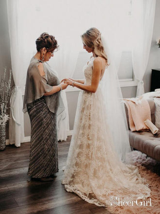 Beaded Spaghetti Strap Lace Boho Wedding Dresses Vintage Rustic Bridal Dress AWD1365-SheerGirl