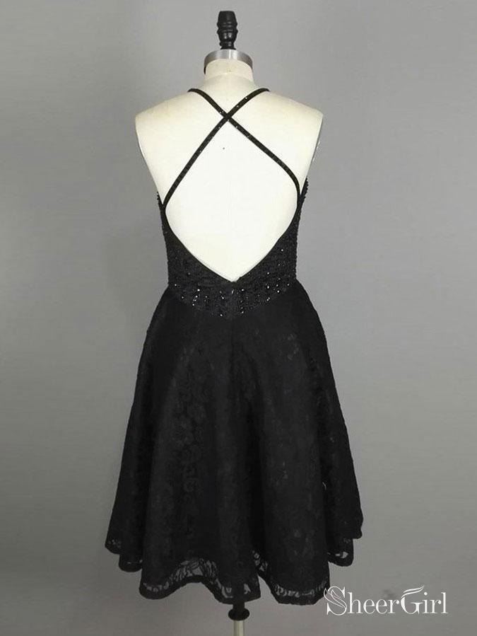 Beaded Top Lace Homecoming Dresses Shinny Halter Little Black Dresses Apd2699-SheerGirl