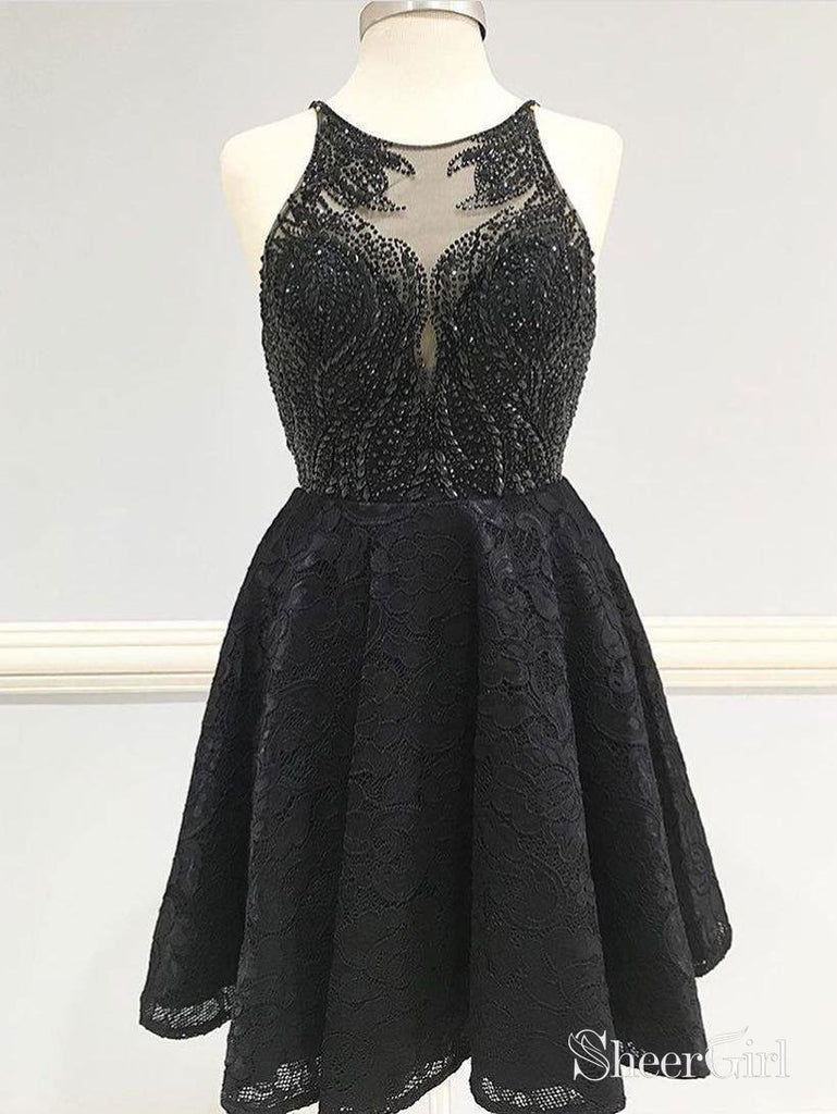 Beaded Top Lace Homecoming Dresses Shinny Halter Little Black Dresses Apd2699-SheerGirl
