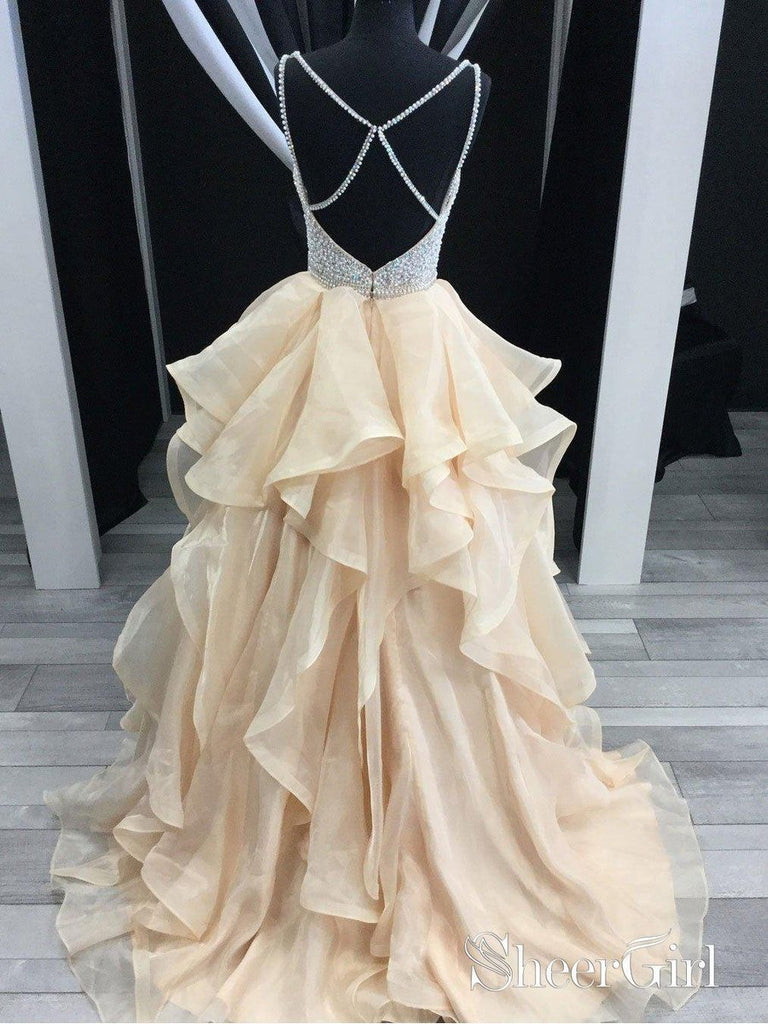 Beaded Top Organza Ruffle Skirt Prom Dresses with Spaghetti Strap APD3152-SheerGirl