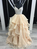 Beaded Top Organza Ruffle Skirt Prom Dresses with Spaghetti Strap APD3152-SheerGirl