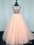 Beaded Top Two Pieces Prom Dresses with Cap Sleeves,2 Piece Pageant Dresses APD3168-SheerGirl