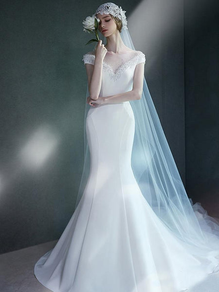 simple white mermaid dress Beaded White Mermaid Wedding Dresses See Through Cheap Simple Modest  Wedding Dress – SheerGirl