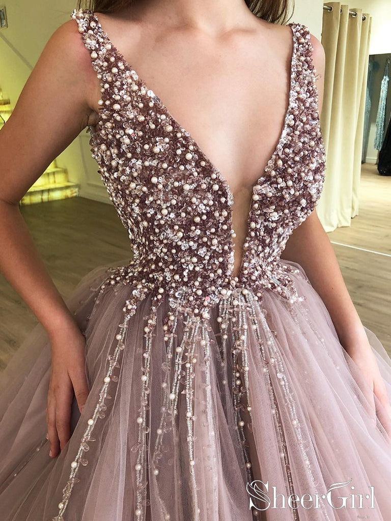 Beaded and Tulle Deep Illusion V Neck Ball Gown Mauve Champagne Prom Dress Ard2493-SheerGirl