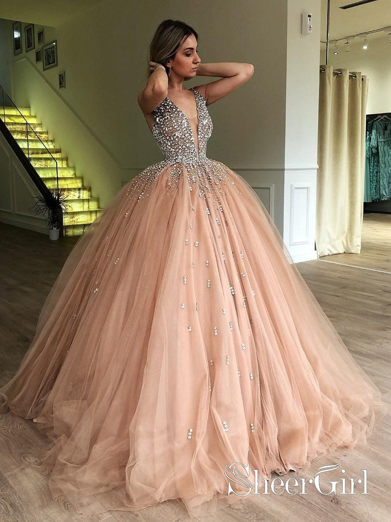 Beaded and Tulle Deep Illusion V Neck Ball Gown Mauve Champagne Prom Dress Ard2493-SheerGirl