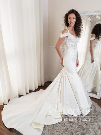 Beadings Sexy Lace Wedding Dress with Alluring Applique Sleeves and Court Train AWD1732-SheerGirl