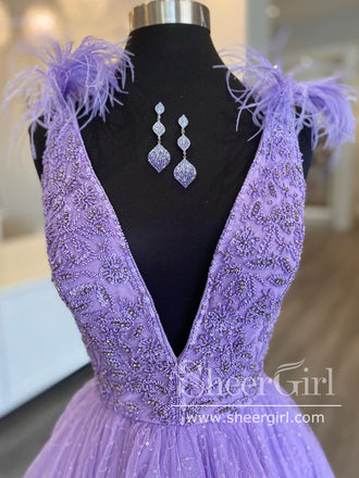 Beads Lace Ball Gown Long Prom Dress Quinceanera Dress with Feather ARD2734-SheerGirl