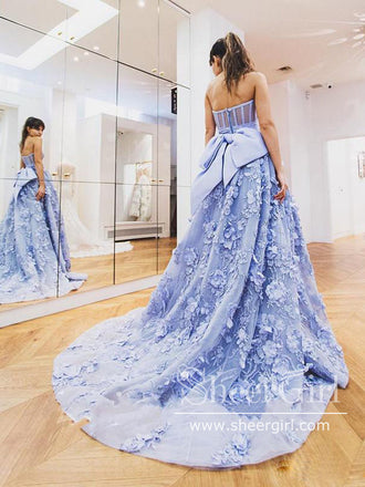 Beautiful Blue Flower Lace Sweetheart Long Party Dress, Blue Evening Dress Prom Dresses ARD2729-SheerGirl