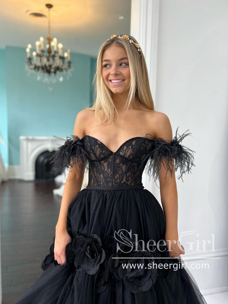Black 3D Flowers A Line Prom Dresses Sweetheart Neck Long Formal Dress with Feather ARD2909-SheerGirl