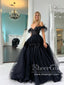 Černé 3D květiny A Line plesové šaty Srdíčkový výstřih Dlouhé společenské šaty s peřím ARD2909 