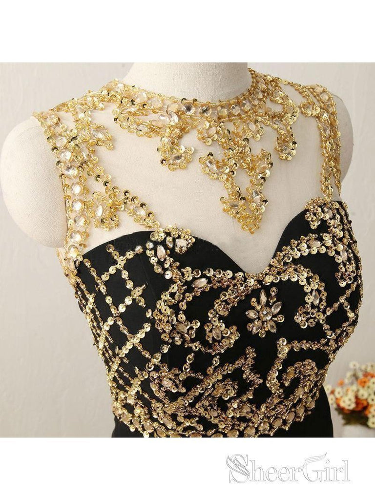 Black Chiffon with Gold Beaded Sweep Train Mermaid Prom Dresses APD2991-SheerGirl