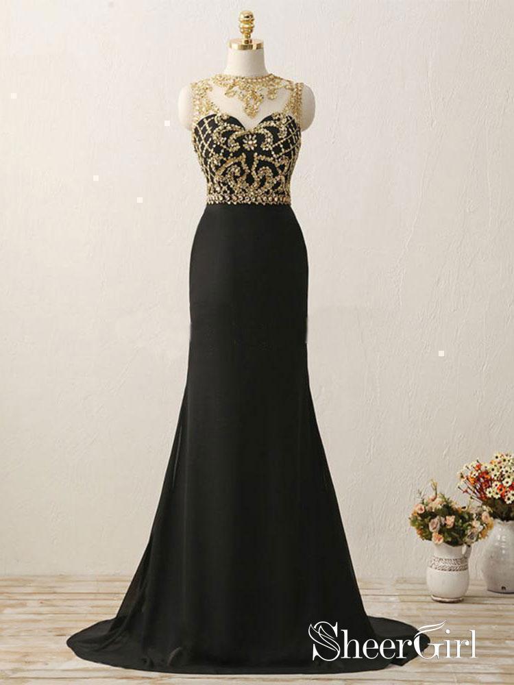Black Chiffon with Gold Beaded Sweep Train Mermaid Prom Dresses APD2991 Black Chiffon with Gold Beaded Sweep Train Mermaid Prom Dresses APD2991