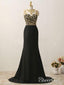 Black Chiffon with Gold Beaded Sweep Train Mermaid Prom Dresses APD2991