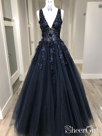 Black Deep V Neck Appliqued Prom Dresses See Through Floor Length Formal Dresses ARD2497-SheerGirl