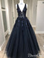 Black Deep V Neck Appliqued Prom Dresses See Through Floor Length Formal Dresses ARD2497