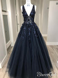 Black Deep V Neck Appliqued Prom Dresses See Through Floor Length Formal Dresses ARD2497-SheerGirl