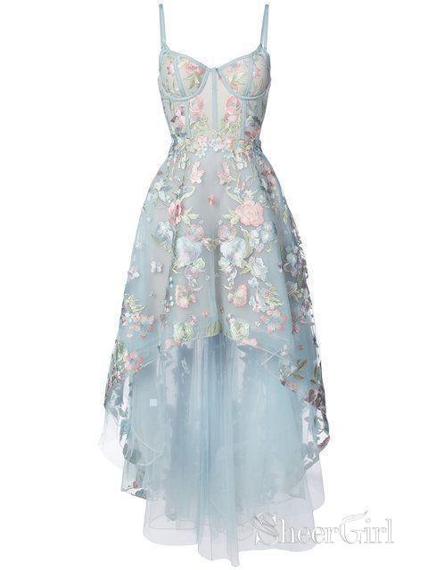 Black High Low Prom Dresses Floral Embroidery Lace Sky Blue Prom Dresses ARD1336-SheerGirl