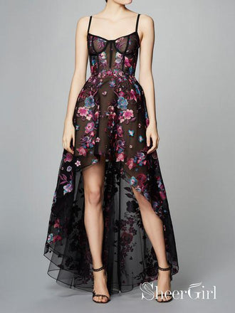 Black High Low Prom Dresses Floral Embroidery Lace Sky Blue Prom Dresses ARD1336-SheerGirl