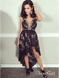 Black Lace High Low Homecoming Dresses A Line V Neck Vintage Prom Dress ARD1767-SheerGirl