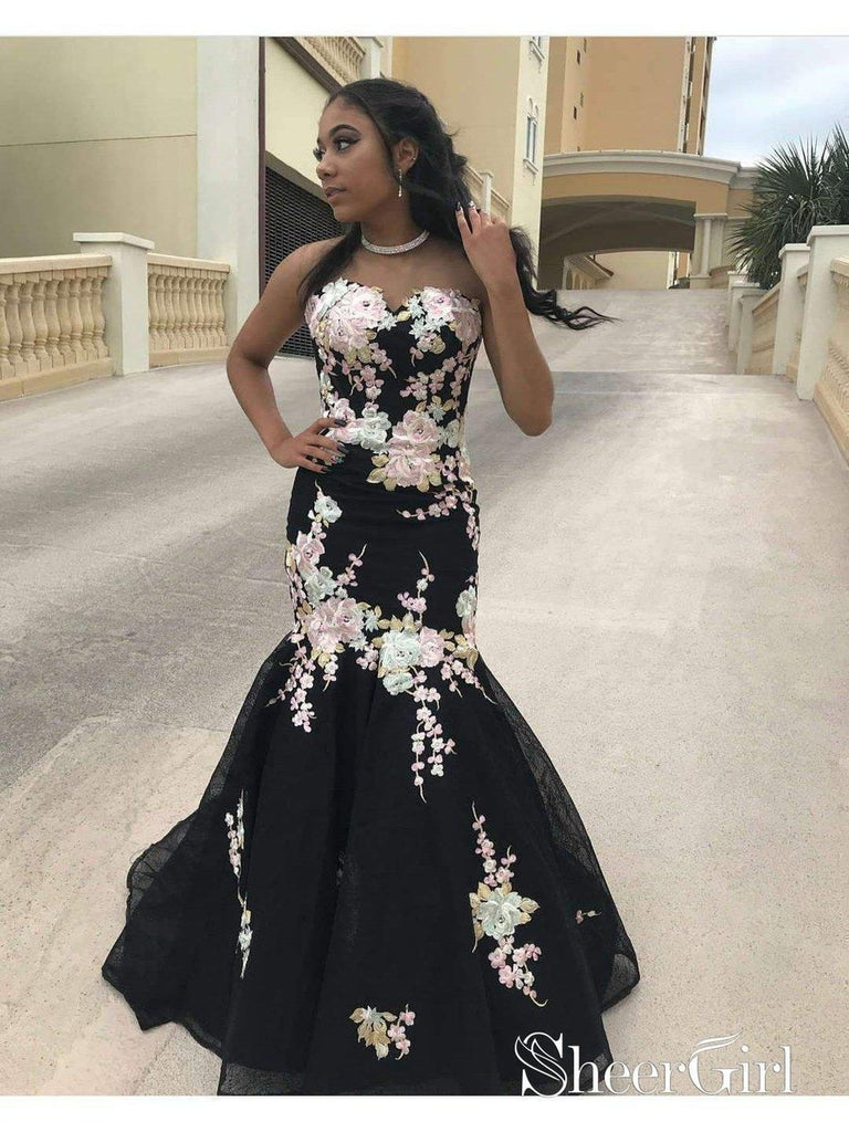 Black Mermaid Prom Dresses Strapless Embroidery Applique Sexy Prom Dre –  SheerGirl