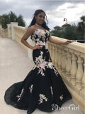 Black Mermaid Prom Dresses Strapless Embroidery Applique Sexy Prom Dresses APD3523-SheerGirl