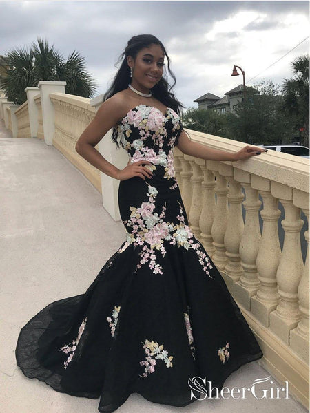 black mermaid prom dress Black Mermaid Prom Dresses Strapless Embroidery Applique Sexy Prom Dresses APD3523