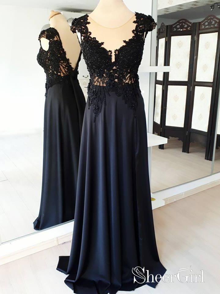 Black Prom Dresses Cap Sleeves Beaded See Through Long Formal Dresses APD3509 Black Prom Dresses Cap Sleeves Beaded See Through Long Formal Dresses APD3509
