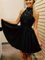Černé taftové ohlávkové šaty s vysokým výstřihem a korálky APD2744 