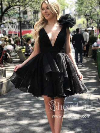 Black Tulle Short Graduation Dress V Neck Homecoming Dresses ARD2838-SheerGirl